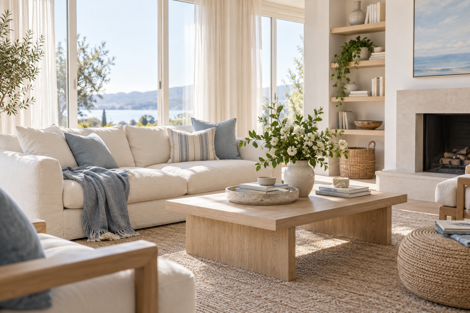 AI-generated concept: An airy clean living room with cream seating and soft blue accents