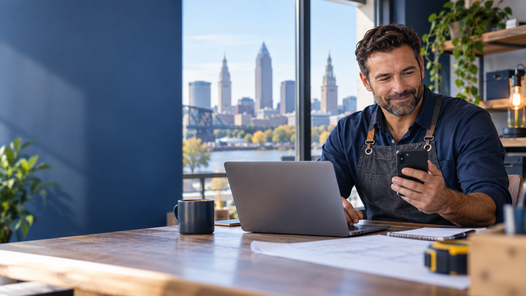 A local business owner working with a phone and laptop with the Cleveland skyline nearby
