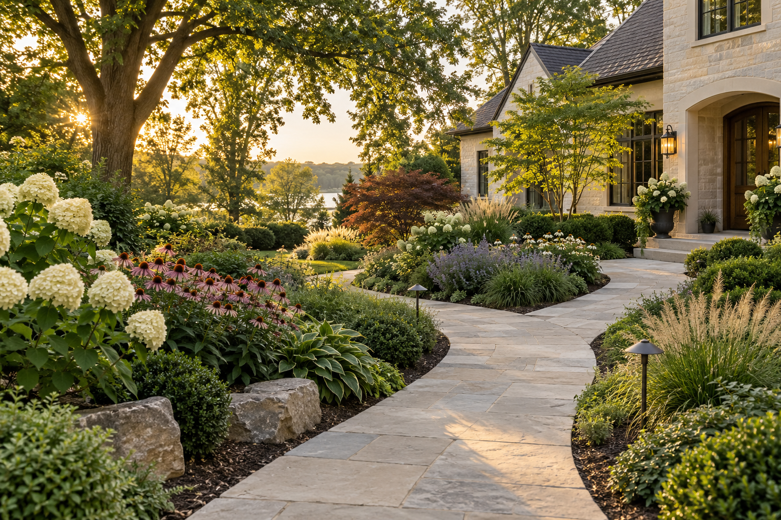 AI-generated concept: A landscaped garden with a winding stone path in warm afternoon light