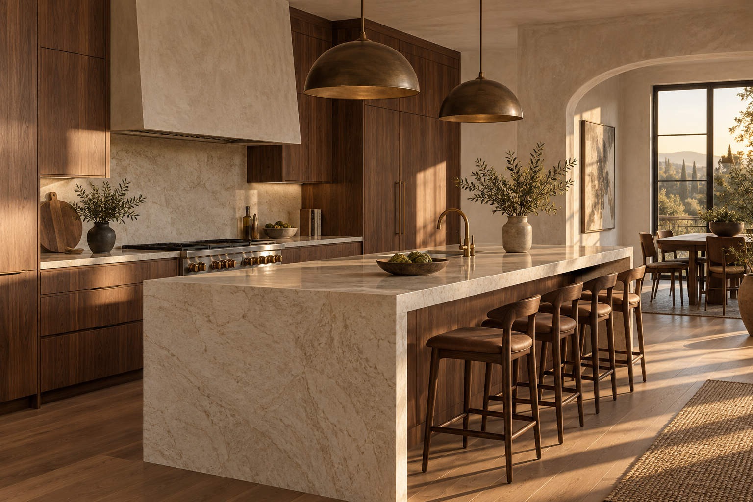 AI-generated concept: A warm walnut kitchen with a stone island and bronze pendant lights